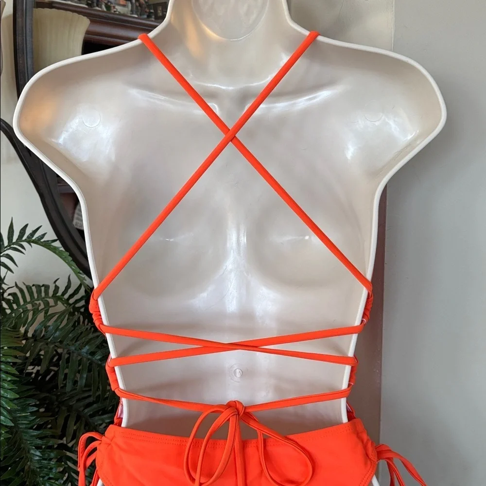 NWOT Orange Plunge One Piece Tie Back Swimsuit w/ Long Sleeve Ombre Mesh CoverUp